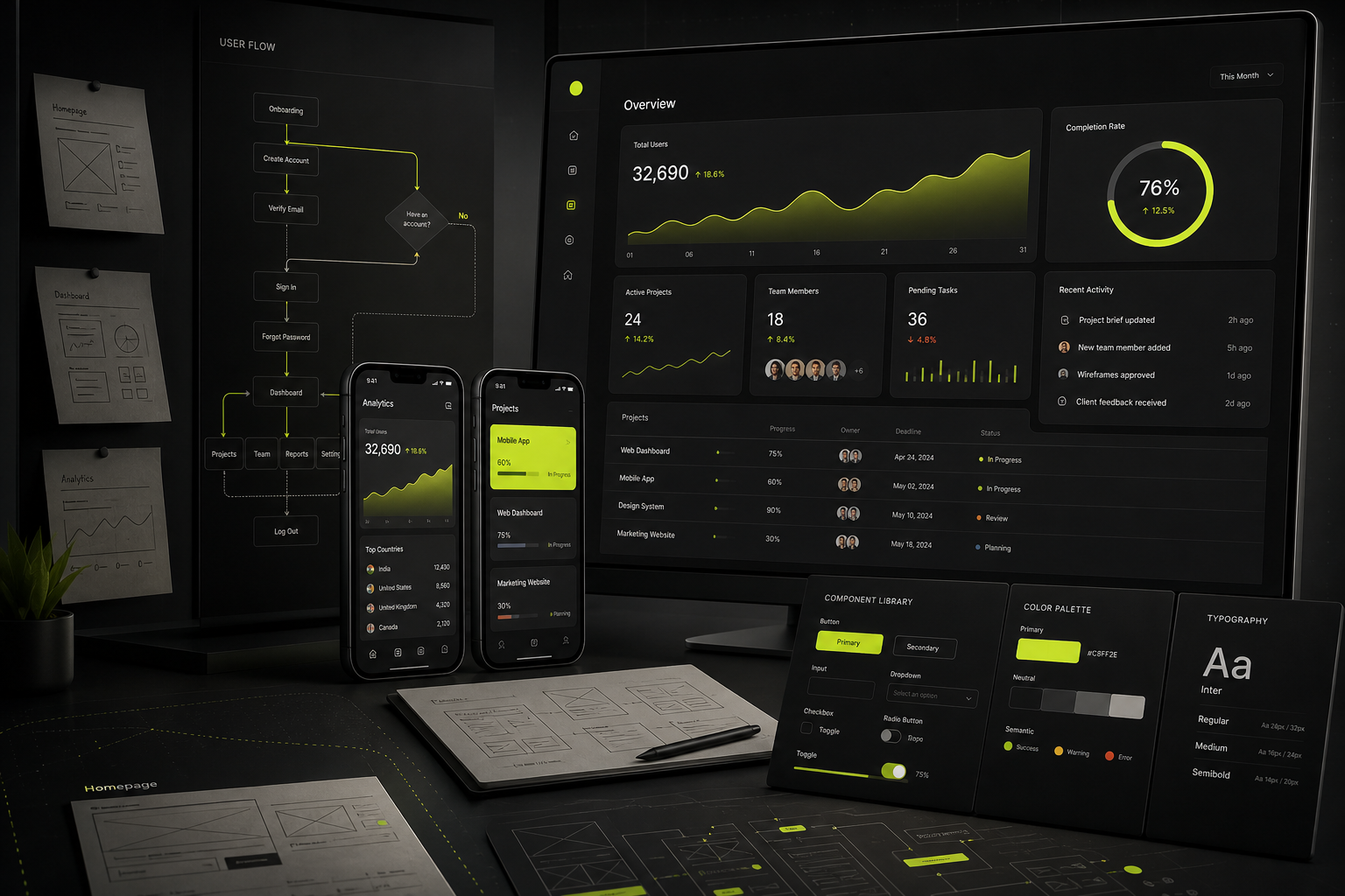 UI UX design strategy workspace with user flows, responsive interfaces and design system